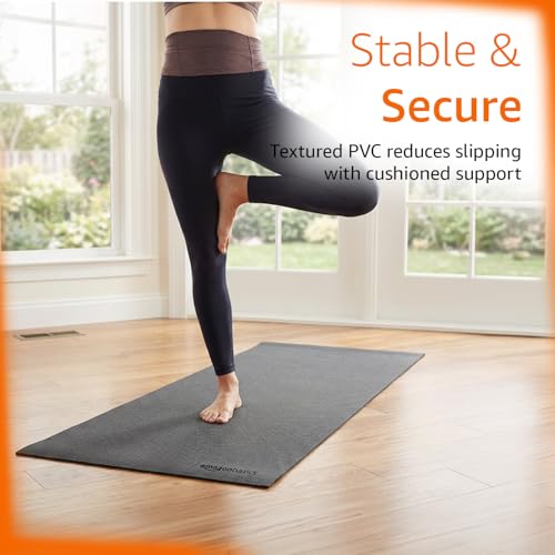 Image of Amazon Basics PVC Yoga & Exercise Mat with Carrying Strap | 6 mm Thick | Non-Slip Textured Surface | Lightweight & Durable | Floor Protection | Ideal for Home, Gym, Studio & Outdoor Workouts | Black