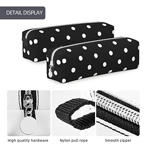 Image of Leather Pencil Case - Polka Dot Black and White Simple Pattern, Stationery Bag Pen Organizer Makeup Cosmetic Holder Pouch for School Work Office College