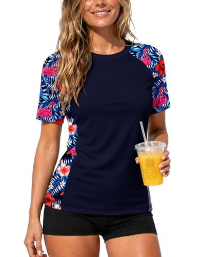Image of AOBUTE Women Short Sleeve Rash Guard UPF 50+ Tropical Sun Protection Floral Swim Shirts