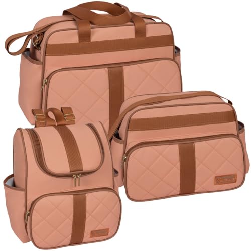Kit 03 Peças Bolsa Frasqueira Mochila Maternidade Bebê Menino Menina Impermeável (Rosê)