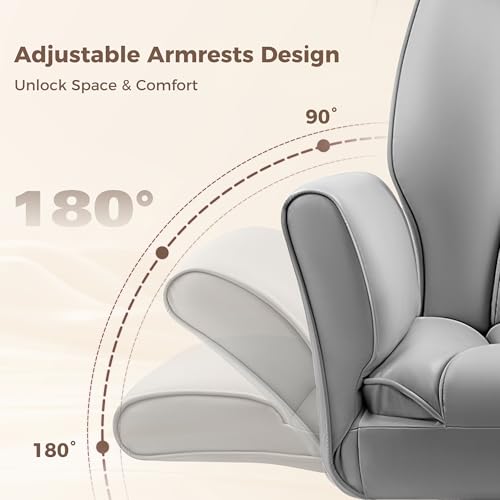 Image of Big and Tall Office Chair, Flip Armrests for Pets & Cross Legged Sitting, Ergonomic Leather Executive Desk Chair with Foot Rest, High-Back Reclining Computer Chairs for Home Office Gaming, Grey