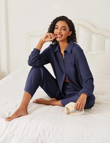 Ekouaer Womens Pajamas Set Long Sleeve 2 Pieces Loungewear Soft Waffle Knit Button Down Matching Sleepwear4