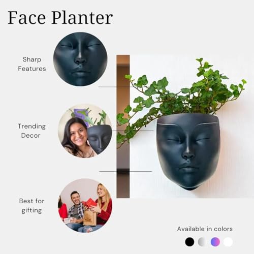 Image of Ceramic Lady Face Wall Hanging Planter (7 Inches, Black)| Abstract Oval Face Vase for Indoor Plants | Succulent Planter for Living Room, Balcony & Office Decor | Aesthetic Home Decor Gift