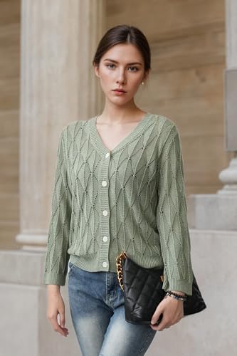 Image of Women's 2025 Crochet Sweater Cardigan 3 /4 Sleeve Lightweight Summer Knit Sweater | Open Front Boho Shrug Top | Beach Cover-Up & Office Wear | Machine Washable 21-Green-L