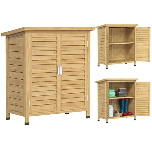 Outsunny Cobertizo de Almacenamiento de Madera para Jardín 87x46,5x96,5 cm con 2 Estantes Interiores 2 Puertas de Buena Ventilación y Techo Inclinado para Exterior Terreza Natural