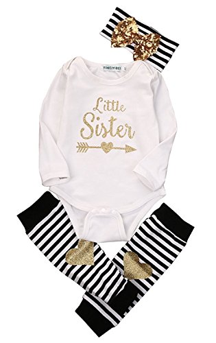 Image of Baby Girls Little Sister Outfits Long Sleeve Bodysuit Romper + Striped Leg Warmer + Headband 3Pcs Clothes (Label 70 / Age 3-6mos.) White