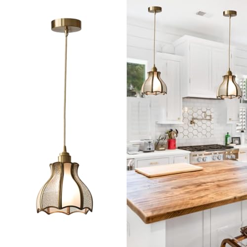 LIFENICEST Mid-Century Brass Pendant Light Cone Shaped Opal Frosted Glass 1 Light Vintage Gold...