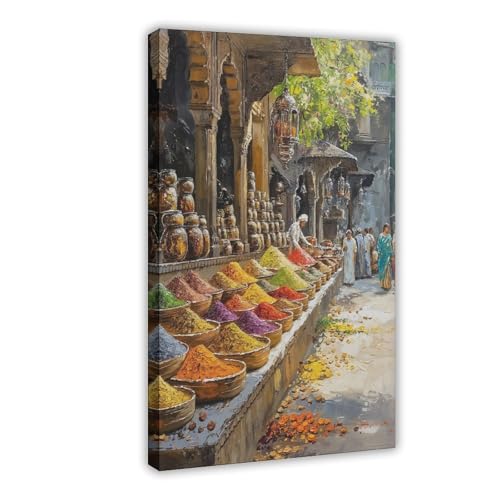 Indian Spice Market Oil Painting, India Bazar Poster, India Street Market Oil Paint Style Indian Outstanding Landscape Wall Art Print Canvas Poster for Home School Wall Hanging Office Kitchen Decor G