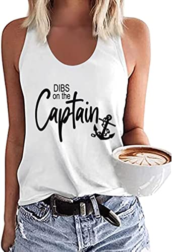Dibs On The Captain Anchor Tank Shirt Women O Neck Loose Boat Anchor Graphic Tank Tee Beach Sleeveless Racerback Vest (X-Large White)