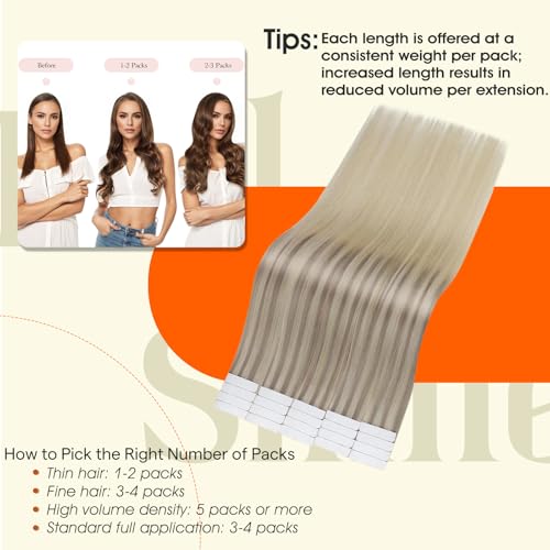 Image of Full Shine Tape in Hair Extensions Human Hair 12Inch Color 18 Ash Blonde Ombre 22 And 60 Platinum Blonde Human Hair Tape in Extensions Invisible Remy Silky Straight Skin Weft 30G 20Pcs Double Sided