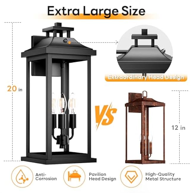 20 Large Dusk to Dawn Outdoor Lights 3-Light, 2 Pack Black Modern Exterior Lighting Fixtures Photocell Sensor Outside Porch Lights Wall Mount, Waterproof Patio Exterior Sconce Lamps E12