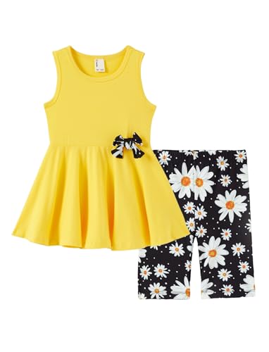 Image of PATPAT Girls Summer 2 Piece Outfits 4-12Y Butterfly Bow Sleeveless Tunic Tops and Floral Print Shorts Cute Clothes