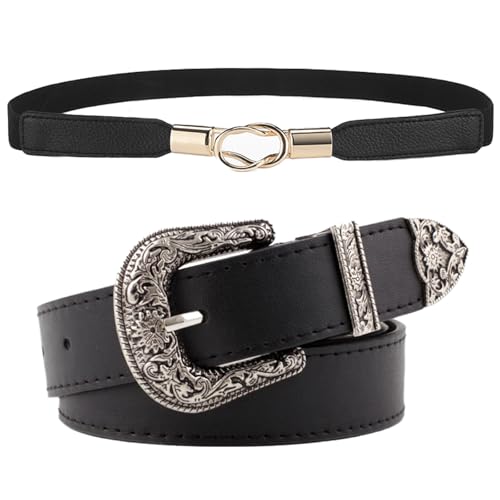 2 Pack Women Belts Gold Buckle and Stretchy Waist Belt For Jeans Dresses Pants