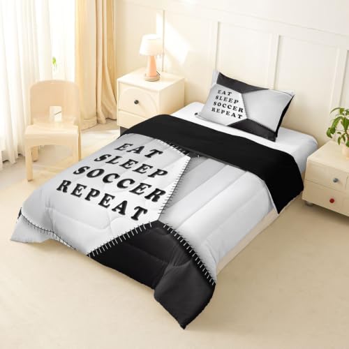 Image of Feelyou Soccer Comforter Set Twin Size Football Bedding Set for Kids Boys Girls Eat Sleep Sports Theme Duvet Quilt Bedroom Decor Microfiber 2 Pcs with 1 Pillow Case