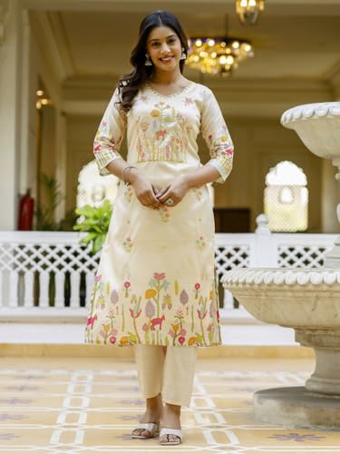Image of VredeVogel Women's Viscose Silk Blend Straight Kurta Pant Set with Printed Dupatta for Festive & Casual Ethnic Kurta Sets