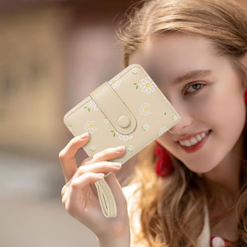 Cute Daisy Flowers Print Genuine Leather Wallet for Women with Exterior Zipper Bifold Design Multiple Card Slots ID Window (BEIGE)2