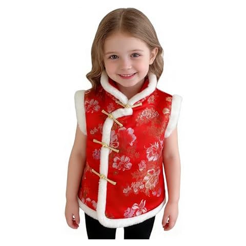SZCQ Girl Vest Coat Fleece Quilted Chinese New Year Kids Outfits Traditional Tang Tank Tops Red(M) Cover