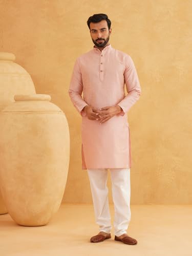 Sojanya (Since 1958 Men'S Silk Blend Striped Pink Kurta & Off-White Churidar Pyjama Set3