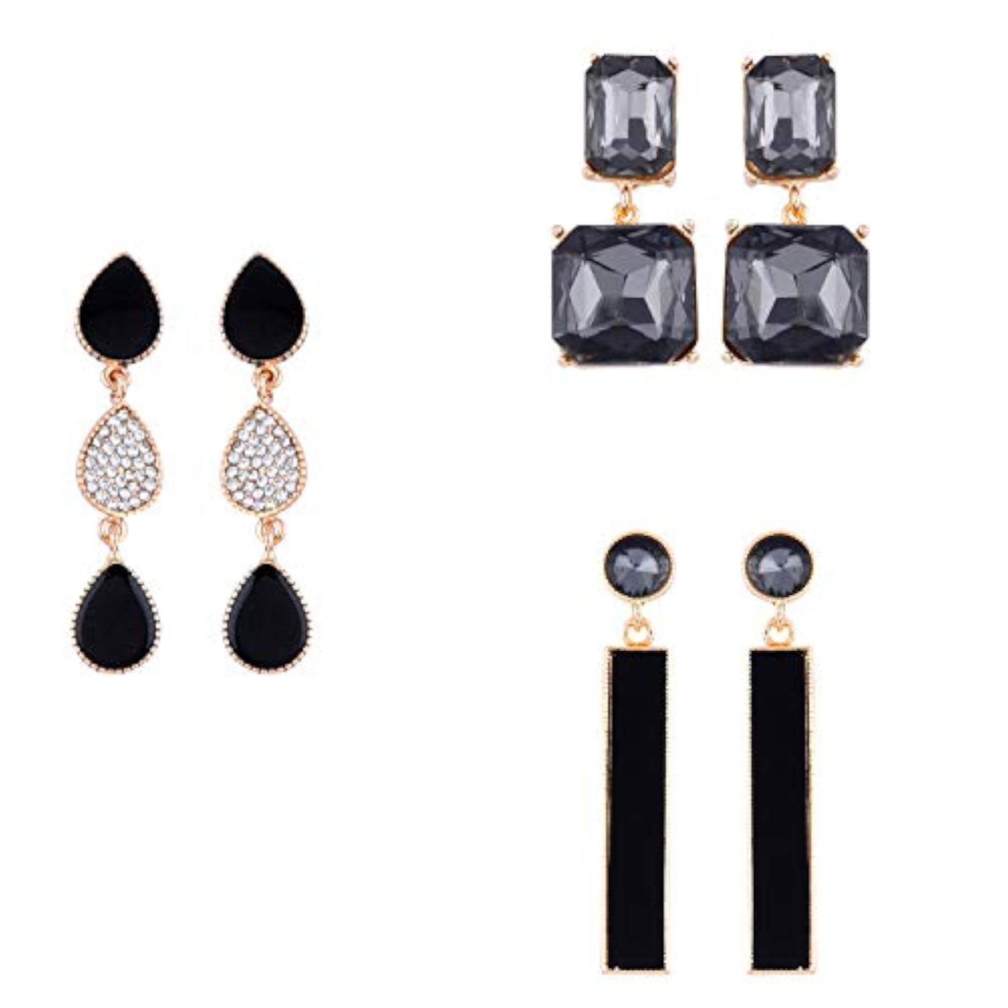 Women's Stylish Black Stud Earrings, Set of 3 Pairs