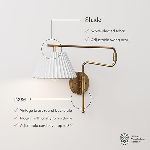 Image of Nathan James Kai Modern Wall Mounted Plugin Bedside Reading Lamp with Pleated Shade, Vintaged Brass Finish