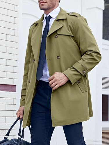 Image of Makkrom Men's Trench Coat Slim fit Double Breasted Notched Lapel Belted Windbreaker Long Jacket Casual Windproof Overcoat