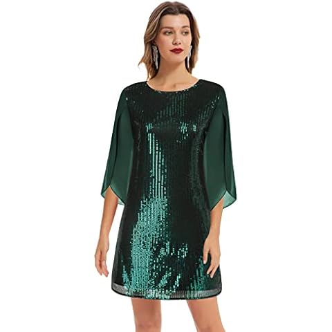 Vestido Mujer Manga 3/4 Escote Redondo Lentejuelas Lentejuelas Fiesta Ancho Elegante Verde L Cover