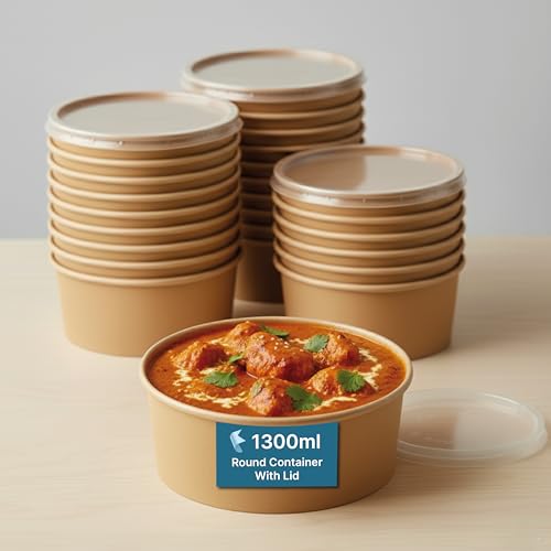 Image of Disposable Round Paper Container with Lids | Takeout Containers for Hot /Cold Foods, Soup, Salad, Dessert, Pasta, Noodles | Microwavable, Leak-Proof Food Storage Containers- 1300ml, 50 Pack