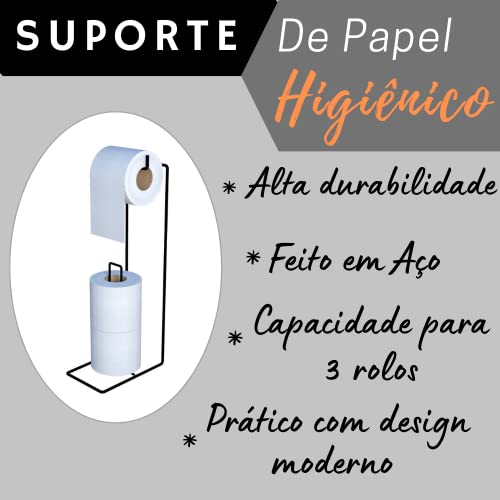 Suporte de Papel Higiênico De Chão Papeleira Banheiro Piso Em Aço 3 Rolos Cor: Preto