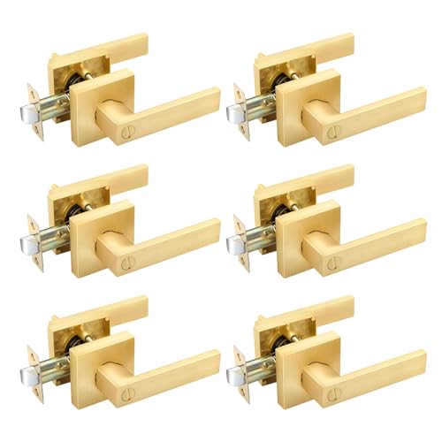 EHOMEWARE 6 Pack Gold Door Knobs Interior Brass Door Handles in Satin Brass Finish Privacy Function for Bedroom Bathroom Heavy Duty Gold Door Handles Levers with Modern Design
