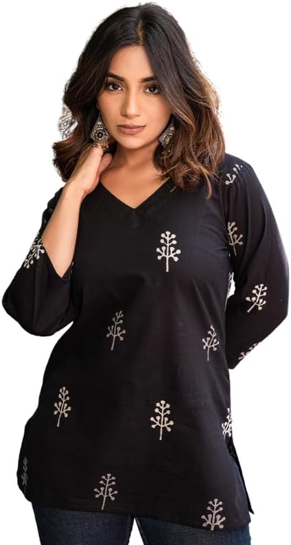 Kashis CreationsFloral Print Rayon Kurta for Women | Regular Fit Top | Stylish Top for Girls | Top for Office | Kurti for Women | Black | 1083