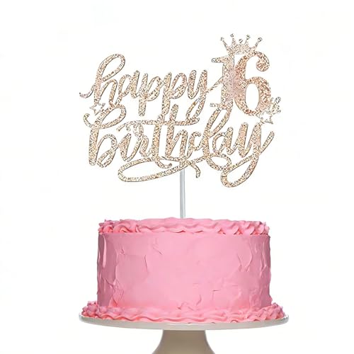 LEPZUR 1 Pieza Decoracion Tarta Cumpleaños 16th Oro Rosa Happy Birthday Decoracion Topper Suministros de Purpurina Para Fiestas de Cumpleaños