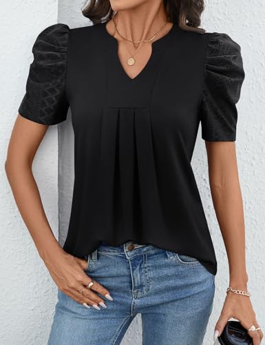 Women's Puff Short Sleeve Shirt V Neck Summer Tops Casual Fashion T Shirts Loose Fit Blouses3