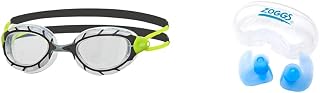 Zoggs Predator Adult Swimming Goggles, UV protection swim goggles, Clear, Black/Lime, Regular & Aqua Plugz, Ear Plugs for Swimming, Reusable Silicone Ear Plugs