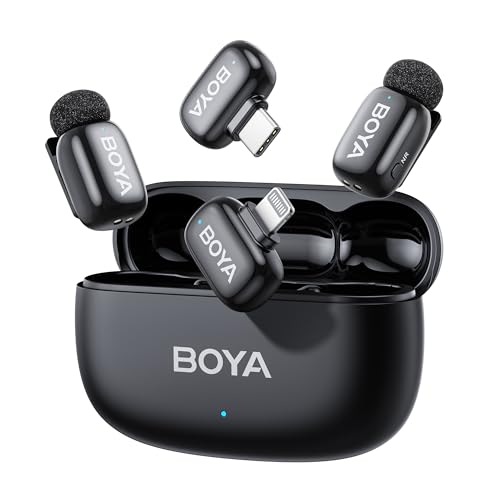 BOYA MINI Mikrofon Handy (2 Sender + 2 Empfänger,USB-C & Lightning + Ladeschale), 5g Ultraleicht, 48 kHz 24 Bit, Ansteckmikrofon, Kabelloses Lavalier-Mikrofon für iPhone, Android, Vlog, Influencer