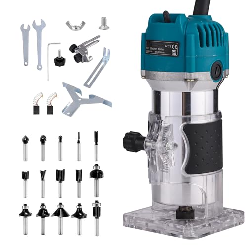 Wood Router Woodworking, Electric Hand Wood Router Tool, Compact Edge Trimmer with 15PCS 1/4