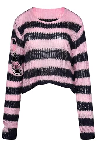 Image of Ro Rox Ryette Cropped Striped Knit Jumper for Women – Distressed Oversized Grunge Gothic Sweater, Long Sleeve Alternative Punk Alt Top Black-Pink