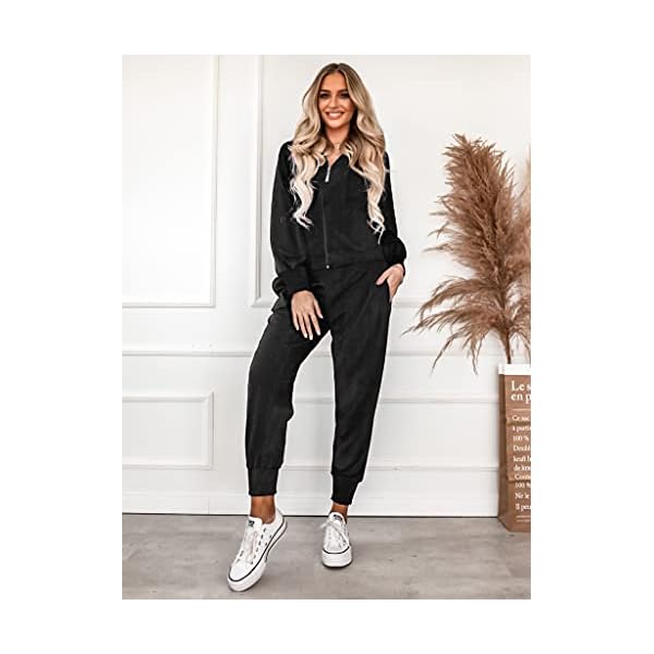 Ekouaer Women's Velour Joggers Sets Fleece Sportswear Full Zip Sweatshirts and Sweatpants Black M