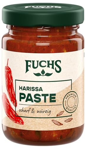 Fuchs Gewürze - Harissa Paste | Scharf-würzige Würzpaste mit natürlichen Zutaten mit 24 5% Chilis | Ideal zu Couscous und Suppen | 100 g in wiederverschließbarem Glas