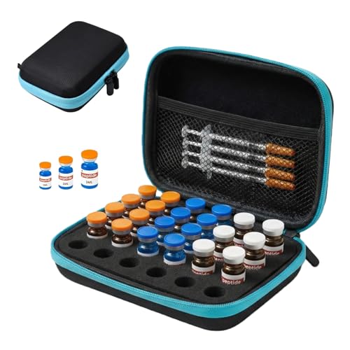 lyvantha Peptide Vial Case for Fridge, 30 Slots Insulin Fridge Holder Storage Case–Fits 1-3ml Vials for Peptide, Insulin and GLP-1 Storage, Black and Blue Zipper
