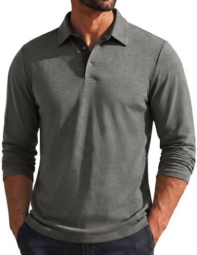 Image of COOFANDY Men's Polo Shirt Long Sleeve Polo Neck Tshirt Light Grey XL