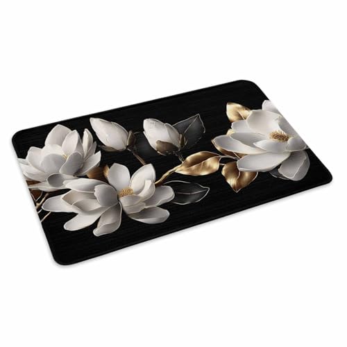 White Floral Front Door Mat Indoor Outdoor Entrance Welcome Floor Mats, Vintage Country Luxurious Botanical Black Gold Heavy Duty Absorbent Doormat, Non-Slip Rugs for High Traffic Areas 16"x24&qu...