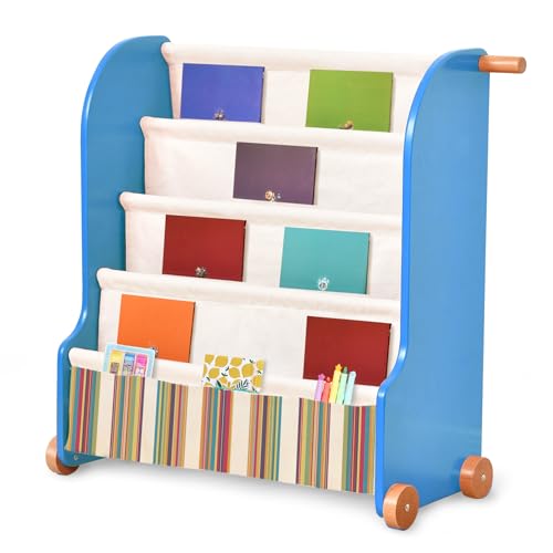 Bolocon Kids Car-Shaped 5-Tier Sling Book Rack Features Two Top Handles for Toddler Boys and Girls Gift,Storage Bookcase Bookshelf Organizer with Deep Canvas Sleeves (Speeding Blue)