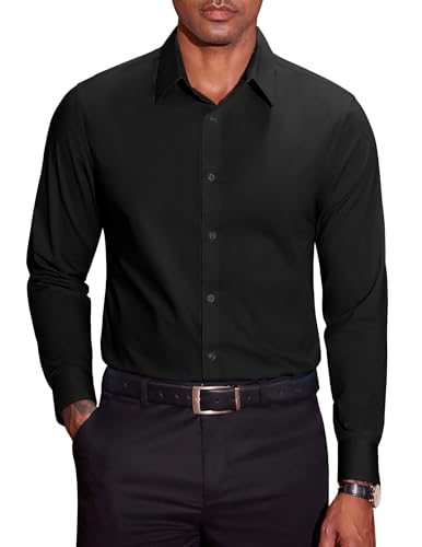COOFANDY Camisa de Hombre de Manga Larga, Camisa de Negocios, Fácil de Planchar, Algodón, Ajuste Regular, Camisa de Ocio, Camisa de Traje para Hombre, Negro , L