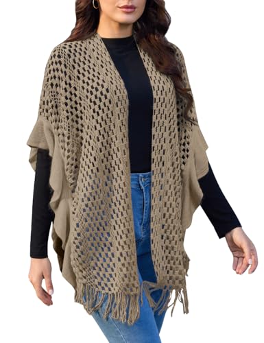 Ferand Women's Lightweight Ruffle Shawl Wraps Open Front Crochet Fringe Poncho Cardigan for Spring and Summer, Khaki