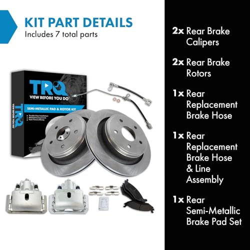 Image of TRQ Rear Brake Pad, Caliper, Hose, & Rotor Kit Semi-Metallic Compatible with 2002-2004 Dodge Ram 1500