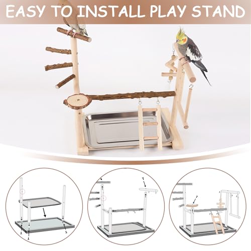 Honicemar Bird Play Stand, Wooden Parrot Stand Bird Playground with Climbing Ladder, Swing, Training Stand Pole, Feeder Cup - Image 3