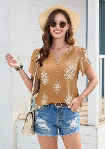 GUNEST Button Up Blouse Women Trendy Short Sleeve Boho Vneck Tunic Tops Casual Beach Loose Fit Shirts Goldenrod XXL — view 3