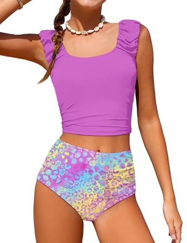 Image of Girls Tankini Swimsuit 2 Piece Bathing Suit Twist Cross Back Cutout Swim Tank Top Floral Print Swimwear for 7-18Y