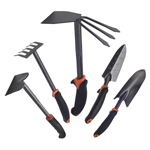Heavy-Duty Garden Tools Set – 5-Piece Carbon Steel Gardening Tools Kit with Non-Slip Handles | Professional & Home Gardening Hand Tools for Planting, Weeding & Soil Cultivation