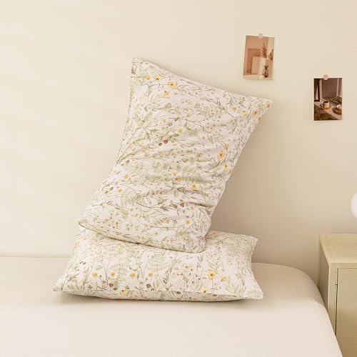 Image of ECOCOTT Floral Pillowcases Queen Size 2 Pack, 100% Washed Cotton Pillow Cases with Envelope Closure, Green Botanical Wildflower Printed Pillow Covers